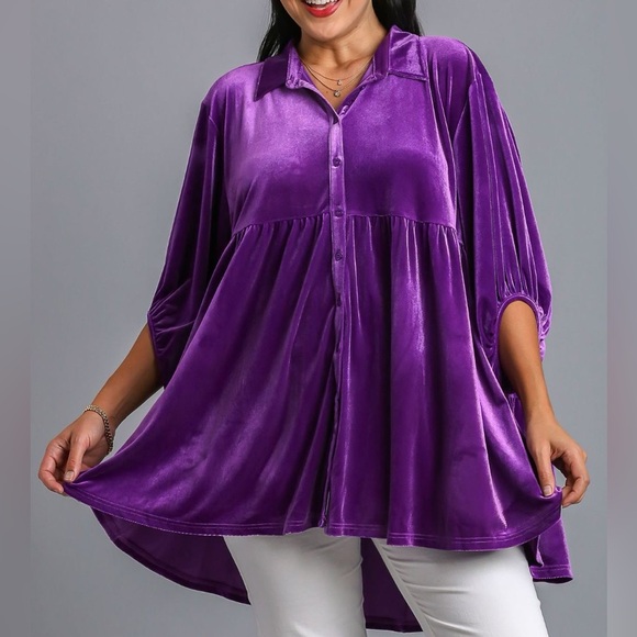 NWT Umgee PLUS + REG Size Royal Purple Button Down Tiered High Low Shirt Top - Picture 2 of 6